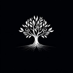Leinwandbilder - A stylized silver tree with roots on a black background.