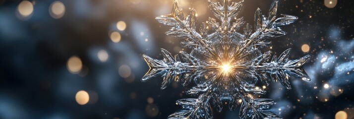 Poster - Delicate snowflake patterns shine brightly against a blurred winter backdrop, creating a mesmerizing display of symmetry and light. Generative AI
