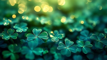 Poster - Vibrant green St Patrick's Day background filled with sparkling shamrock shapes that shimmer with festive charm creating a joyful atmosphere perfect for celebration or greetings