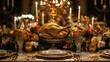 © Intach - A beautifully arranged table with a golden turkey centerpiece, glowing with seasonal decorations and candles