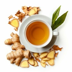 Poster - Steaming cup of herbal tea surrounded by fresh ginger root and leaves, shot from above on white
