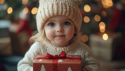 Wall Mural - Child opening a Christmas present, tearing off wrapping paper with excitement. The festive gift box is decorated with a ribbon, surrounded by a cozy holiday atmosphere. Christmas morning