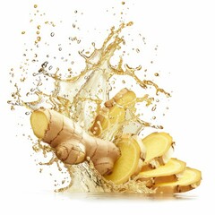 Poster - Fresh ginger root splashing into water with slices on white background