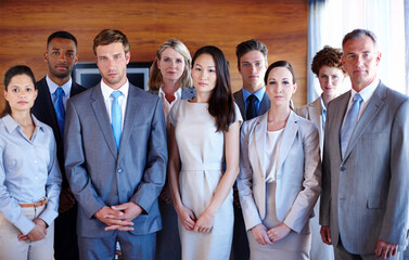 Poster - Lawyer, teamwork and portrait of business people in office for collaboration, partnership and company pride. Corporate, professional and men and women for legal consulting, career and job at law firm