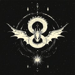 Wall Mural - A white dragon with wings curled in a circle, with a glowing star and celestial symbols on a black background.