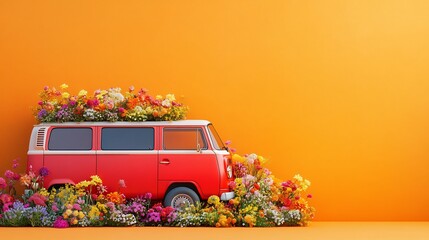 Poster - Vibrant red van overflowing with an array of colorful spring flowers set against a bright orange background The scene conveys joy and warmth with ample space for text or a message