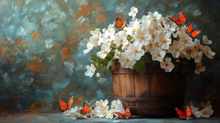 Poster - Vibrant scene showcasing a wooden basket overflowing with pristine white flowers and colorful butterflies set against a rich textured spring background that adds depth and vibrancy to the image