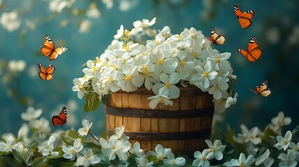 Poster - Vibrant scene showcasing a wooden basket overflowing with pristine white flowers and colorful butterflies set against a rich textured spring background that adds depth and vibrancy to the image