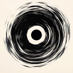 Abstract black and white spiral with a black circle in the center on a beige background.