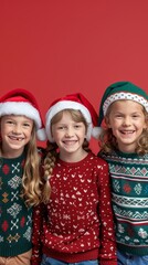 Happy children in festive holiday sweaters