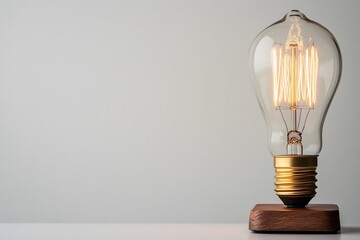 glowing vintage lightbulb on a wooden base