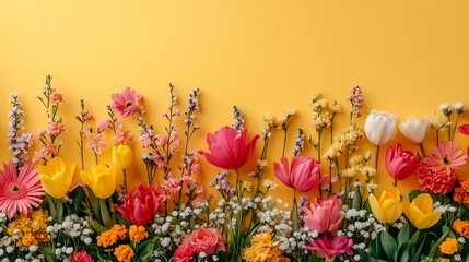 Poster - Vibrant spring flower arrangement for Women's Day on a solid yellow background Beautiful blossoms fill the scene with selective focus providing ample space for text at the top of the card