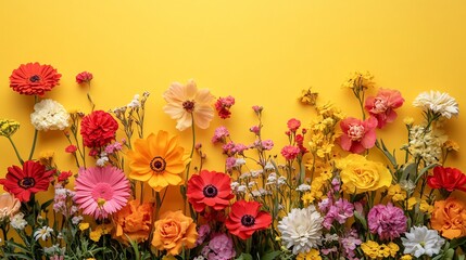 Poster - Vibrant spring flower arrangement for Women's Day on a solid yellow background Beautiful blossoms fill the scene with selective focus providing ample space for text at the top of the card