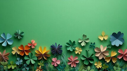 Poster - Vibrant St Patrick's Day banner design featuring a flat lay of colorful paper art fourleaf clovers arranged on a lush green background with plenty of copy space for text
