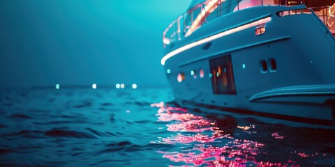 Luxury yacht navigating the ocean, offering commercial and private trips for tourism, vacations, and professional journeys, illuminated by neon lights amidst the sea