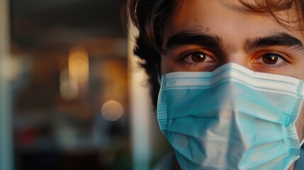 Portrait of a businessman in a protective face mask at his office, emphasizing safety during the pandemic. Joyful male entrepreneur wearing a mask while working