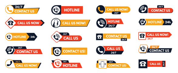 Contact us buttons. Customer service label, call us now and 24 7 support hotline with telephone handset and phone icons. Call to action badges vector set.