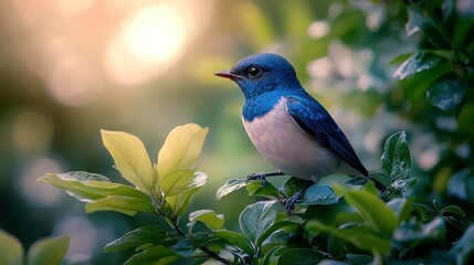 Wall Mural - A small blue and white bird perched on a branch in a lush green forest, with the setting sun casting a warm glow.