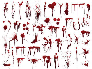 Realistic horror blood splatter. Drip patterns, red ink blot textures, grunge stains and drops for horror, crime scene, and halloween design. Spooky vector set.