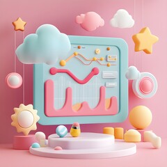 Poster - 3D Cartoon Rendered Pink Background With Charts And Clouds