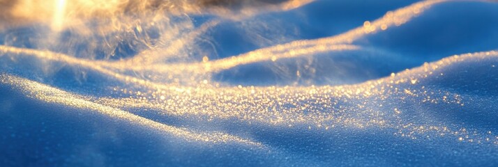 Poster - Delicate snow textures form smooth, soft waves, glimmering under the warm light of dawn in a tranquil winter setting. Generative AI