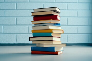 Poster - Stack of books with a blue brick wall in the background. The books are of different colors and sizes