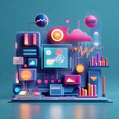 Poster - Abstract Futuristic 3D Interface with Neon Lights and Geometric Shapes