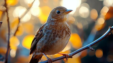 Wall Mural - A small brown bird perches on a thin branch with a blurred background of autumn leaves.