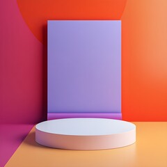 Poster - Minimalist Abstract Purple and Orange Background with White Pedestal