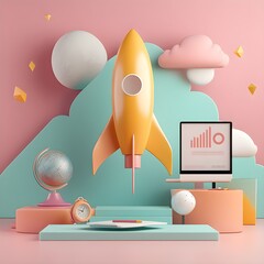 Poster - Rocket Launch Business Success Abstract 3D Illustration