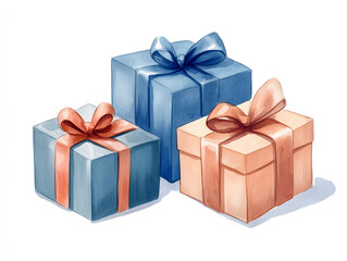 Colorful gift boxes with ribbons, white background