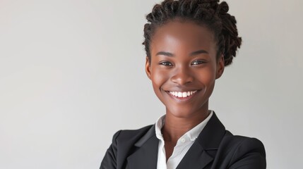 Smiling businesswoman wearing a black suit jacket.