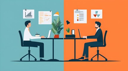 Poster - Businessmen Working at Desk with Laptop and Charts