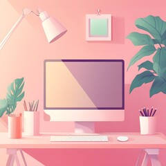 Poster - Pink Minimalist Home Office Workspace with Computer and Plants