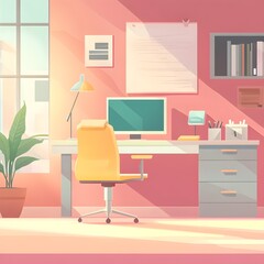 Poster - Modern Home Office Desk with Computer and Chair