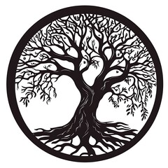 Poster - Black and white illustration of a tree of life with intricate branches and roots, symbolizing growth, connection, and spiritual journey.