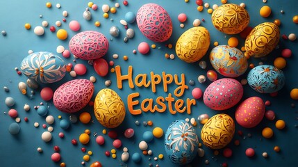 Poster - Whimsical Happy Easter greeting with colorful 3D egg prints and intricate patterns set against a fun seasonal card background The vibrant eggs bring a sense of holiday joy and celebration