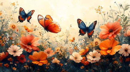Poster - Whimsical illustration of a lush spring landscape featuring various flowers in full bloom and vibrant butterflies set against a soft abstract nature background that evokes tranquility and renewal