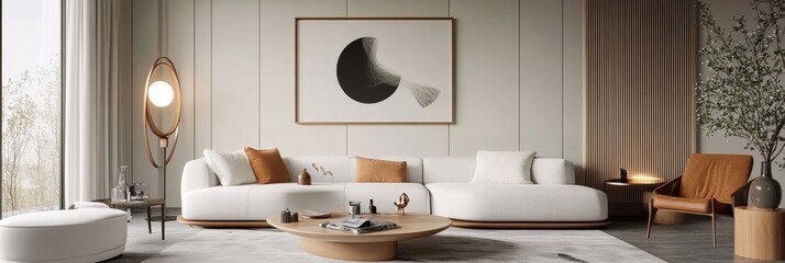 Minimalist living room interior with a white sofa, round table, floor lamp, and stylish decor.