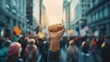 © LukaszDesign - Gathering of diverse individuals expressing their voices for justice and equality, raising fists and arms in a powerful show of community support and social activism