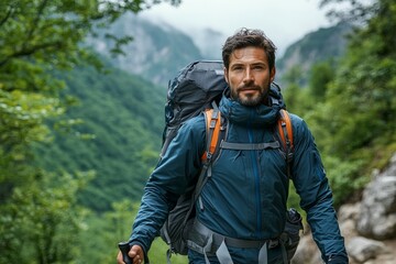 Man wearing a blue jacket and carrying a backpack is walking through a forest. He has a serious expression on his face