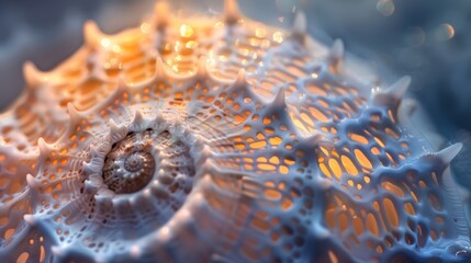 Close-up of a seashell with intricate patterns and a warm glow.