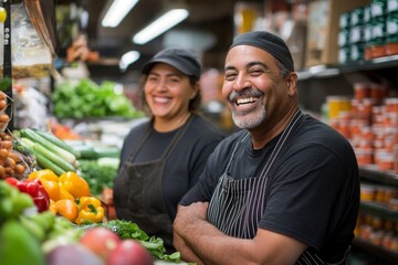 Two grocery store workers laughing cheerfully in their shop, Generative AI