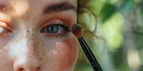 Womans face with makeup tools, including brushes and a palette, showcasing a beauty routine and cosmetic application against a pink backdrop