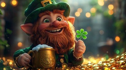 Poster - Whimsical Irish cartoon scene featuring a cheerful leprechaun holding a shamrock next to a pot of gold with beer mugs and vibrant green accents celebrating the joy of St Patrick's Day