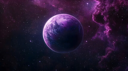 Wall Mural - a purple planet is floating in space. the sky is filled with stars and the planet is surrounded by a