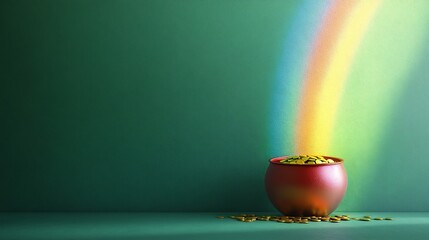 Poster - Whimsical scene featuring a vibrant pot of gold at the end of a radiant rainbow set against a minimalistic green background designed with ample space for text to celebrate the holiday