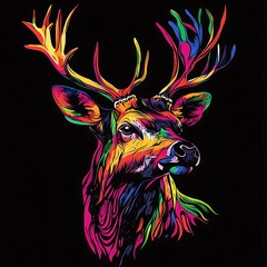 Poster - Colorful deer head illustration with a black background.