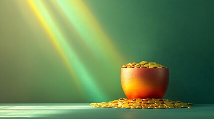 Poster - Whimsical scene featuring a vibrant pot of gold at the end of a radiant rainbow set against a minimalistic green background designed with ample space for text to celebrate the holiday