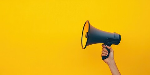 A woman hand holding a megaphone against a yellow background